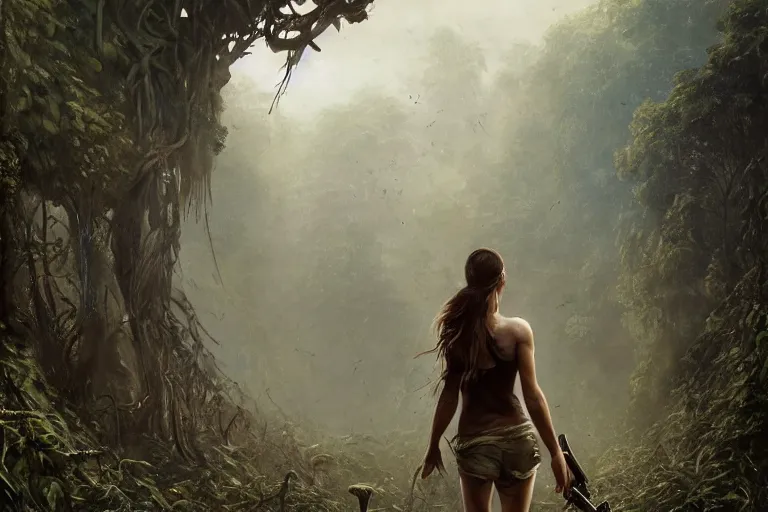 Image similar to artstation concept of a beautiful adventurous girl holding a machine pistol, sweaty skin, symmetrical face, high body detail, ripped up field fatigues, torn off shirt, jungle background with ruins, vines, hyperdetailed, artstation trending, world renowned artists, worth1000.com, cgsociety, by greg rutkowski, by Gustave Doré, by Marco Turini, by Artgerm, Deviantart in the style of Tom Bagshaw, Cedric Peyravernay, Peter Mohrbacher