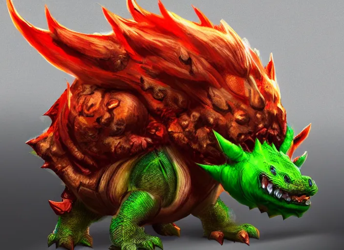 Image similar to detailed concept art of a huge giant bowser by cheng yi and luolin, artstation, artstationhd, detailed scales, spiky and red hair tuft green scales. bowser, bowser nintendo, koopa, ~ bowser # bowser ( ( mario ) ) bcy. net, realistic. reptile cheng yi, fire breathing. bowser deviantart