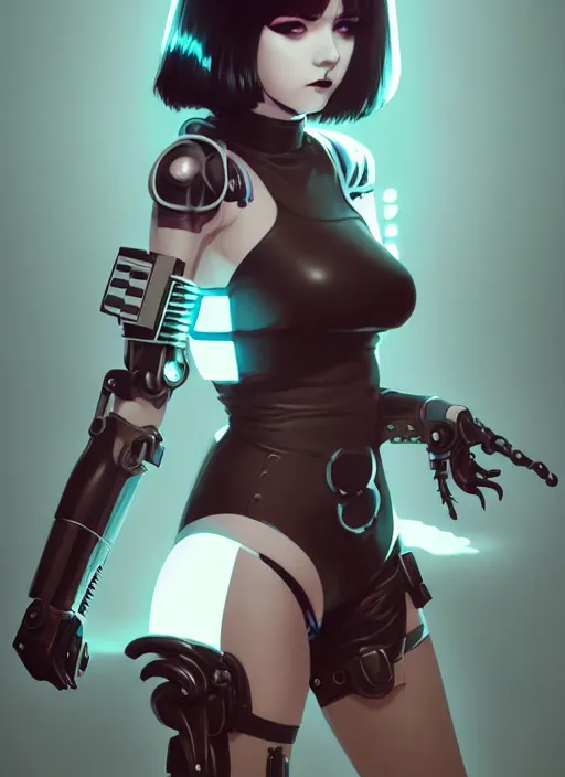 Image similar to portrait of cute goth girl in cyber bikini armor, face by ilya kuvshinov, warhammer, cyberpunk, by atey ghailan, by greg rutkowski, by greg tocchini, by james gilleard, by joe fenton, by kaethe butcher, dynamic lighting, gradient light blue, brown, blonde cream and white color in scheme, grunge aesthetic