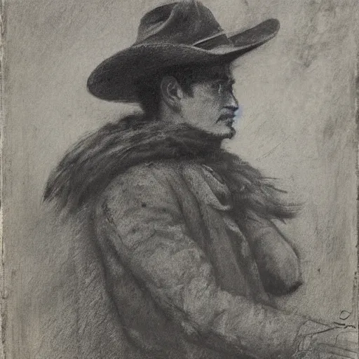 Image similar to portrait of a young action hero cowboy monster hunter, by alfred stevens in charcoal