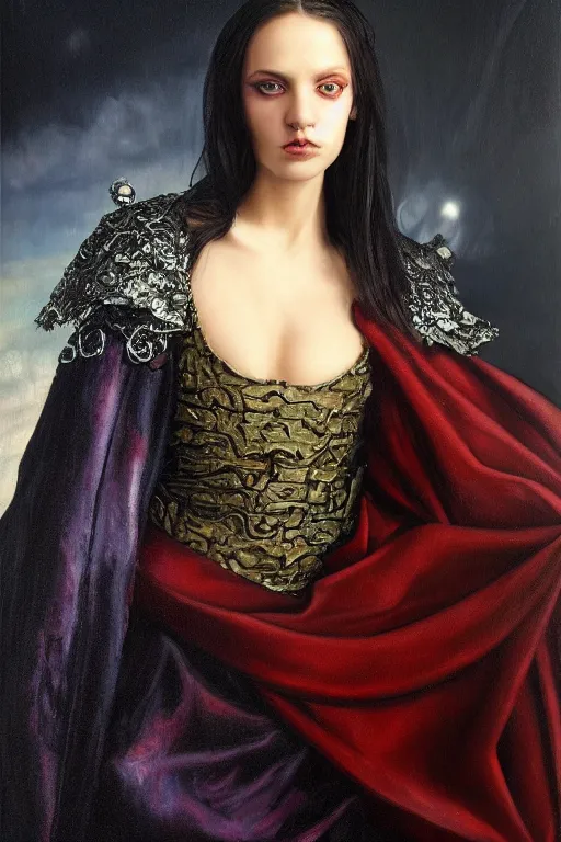 Image similar to hyperrealism oil painting, close - up portrait of european medieval brunette vampire fashion model, knight, steel gradient mixed with nebula sky, in style of baroque