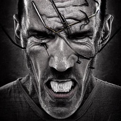 Prompt: illustration of a angry man, created using metal staples, photograph, studio lighting, high quality, high resolution, 3 d illustration, concept art