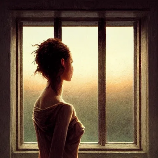 Prompt: young beautiful woman, view from window, sunset, high detail, dramatic light, digital art, chiaroscuro, painted by seb mckinnon, painted by greg rutkowski, painted by caspar david friedrich, trending on artstation