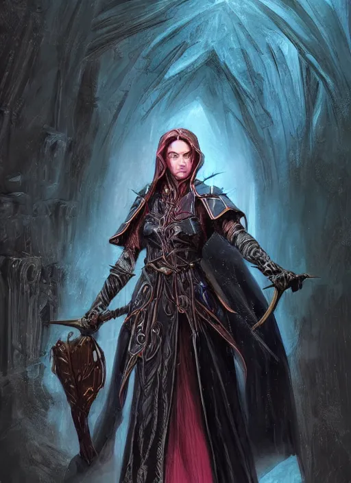 Image similar to dark black cloak female priest, ultra detailed fantasy, dndbeyond, bright, colourful, realistic, dnd character portrait, full body, pathfinder, pinterest, art by ralph horsley, dnd, rpg, lotr game design fanart by concept art, behance hd, artstation, deviantart, hdr render in unreal engine 5