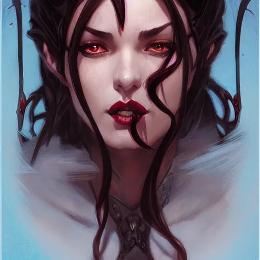 Image similar to an epic fantasy comic book style portrait painting of a teifling rouge with medium long dark hair, d & d, fantasy, intricate, elegant, highly detailed, digital painting, artstation, concept art, matte, sharp focus, illustration, art by artgerm and greg rutkowski and alphonse mucha