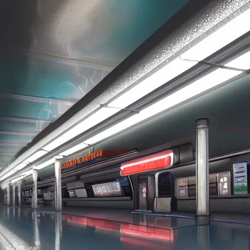 Prompt: Futuristic subway station in Japan, neon signs on walls advertising food and electronics, trash piles in corners, flickering fluorescent bulbs overhead, pools of water on cracked tile floor, cyber beggars, night, digital art, trending on artstation, realistic