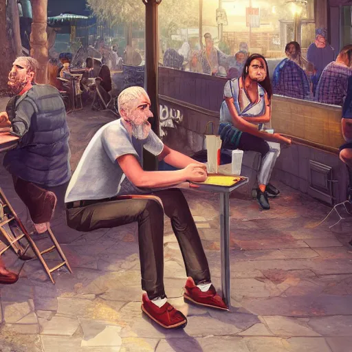 Prompt: a man playing on a computer, sitting outside at a crowded bar, his friends are frustrated, hyper detailed, uhd, 8 k, digital art, award winning, trending on artstation,