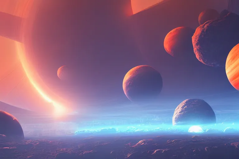 Image similar to beautiful sci fi space scene with planets, concept art trending on artstation, blue and orange, volumetric lighting, 8k