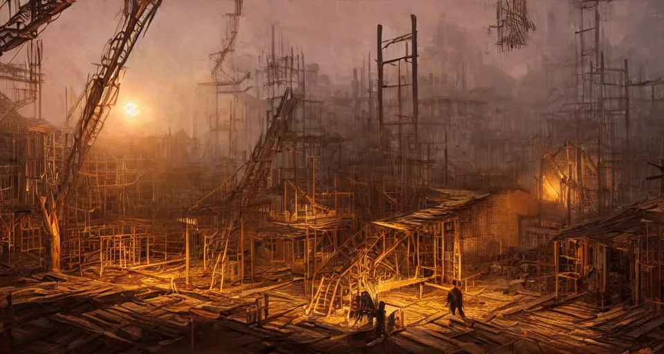 Image similar to book illustration of small wooden village under construction. Wooden scaffolding and workers. Atmospheric beautiful by Eddie mendoza and Craig Mullins. volumetric lights