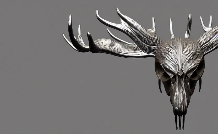 Prompt: stylized shiny polished silver statue full body extra limbs bizarre cosmic horror quadruped animal moose deer skull four legs made of marble of slug creature tendrils, perfect symmetrical body, perfect symmetrical face, hyper realistic, hyper detailed, by johannen voss, by michelangelo, octane render, blender, 8 k, displayed in pure white studio room austere