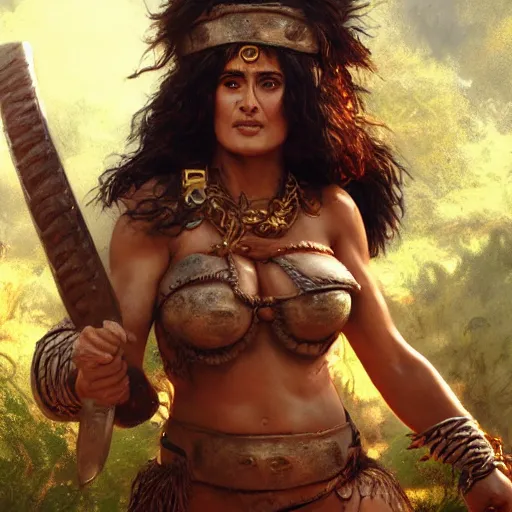 Image similar to salma hayek as barbarian warrior in jungle, au naturel, hyper detailed, digital art, trending in artstation, cinematic lighting, studio quality, smooth render, unreal engine 5 rendered, octane rendered, art style by klimt and nixeu and ian sprigger and wlop and krenz cushart.