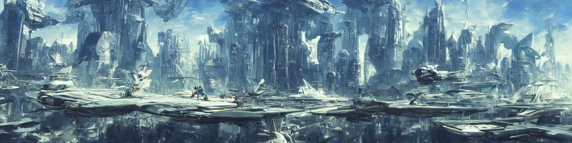 Image similar to gorgeous sci fi imagery | landing spot | space and city flying craft | futuristic | beautiful couple in the foreground heading to their hovering transport | futurism | modern couple | futuristic cityscape in the background | medium angle | by john berkey, greg rutkowski, james gurney