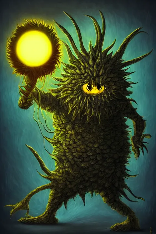 Image similar to a humanoid figure thistle monster with large glowing eyes, highly detailed, digital art, sharp focus, trending on art station, artichoke, anime art style