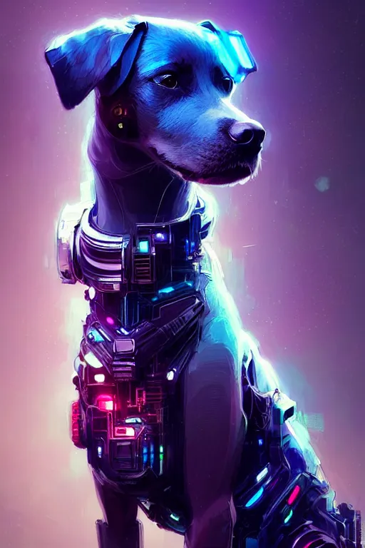 Prompt: a beautiful portrait of a cute cyberpunk dog by greg rutkowski and wlop and sandra chevrier, purple blue color scheme, high key lighting, volumetric light, digital art, highly detailed, fine detail, intricate, ornate, complex, octane render, unreal engine, photorealistic