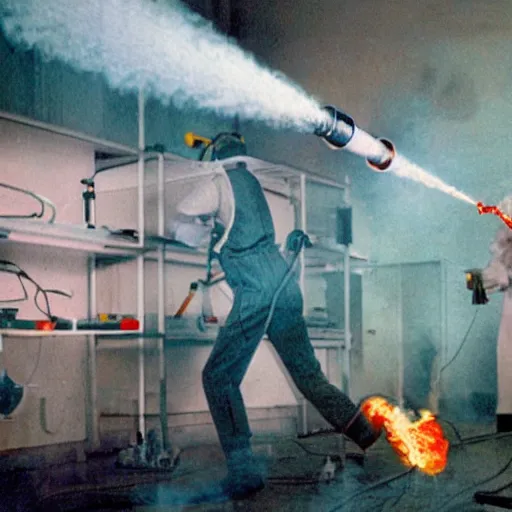 Image similar to colour photograph of a laboratory where a scientist with a flamethrower fights off the giant omega death virus which is attacking him with its tentacles.