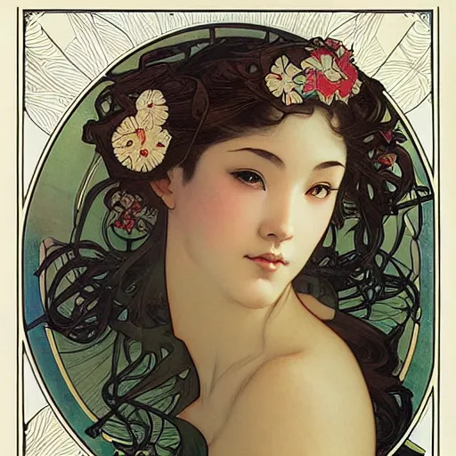 Prompt: realistic detailed face portrait of a beautiful young geisha by Alphonse Mucha, Greg Hildebrandt, and Mark Brooks, Art Nouveau, spirals, Neo-Gothic, gothic, Art Nouveau