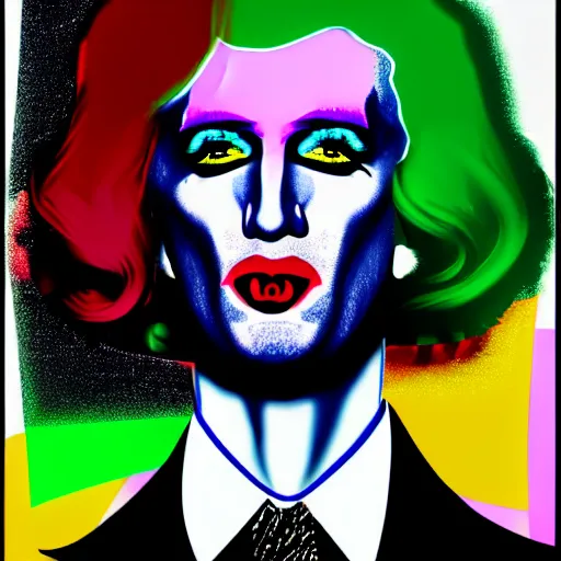 Prompt: ! dream an extremely psychedelic portrait of andy warhol as marilyn manson, surreal, lsd, face, detailed, intricate, elegant, lithe, highly detailed, digital painting, artstation, concept art, smooth, sharp focus, illustration