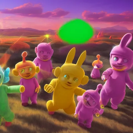 Prompt: teletubbies on a destructive rampage. people flee them in fear. 8 k. epic digital art. trending on artstation. trending on deviantart.