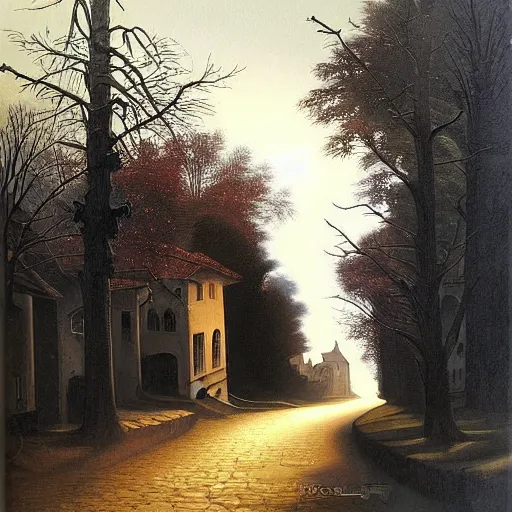 Prompt: in the style of gerald brom, caravaggio, beautiful small town, houses and buildings, 1 8 0 0 s, cobblestone roads, low light, end of day, trees, forest in the distance, light mist