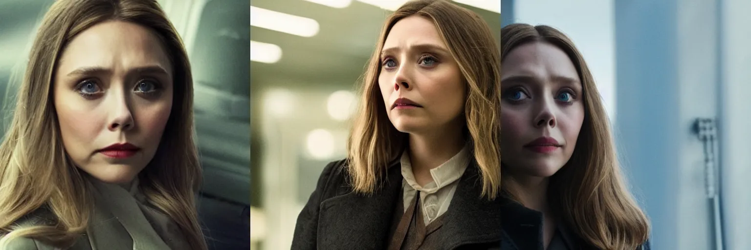 Prompt: close-up of Elizabeth Olsen as a detective in a movie directed by Christopher Nolan, movie still frame, promotional image, imax 70 mm footage