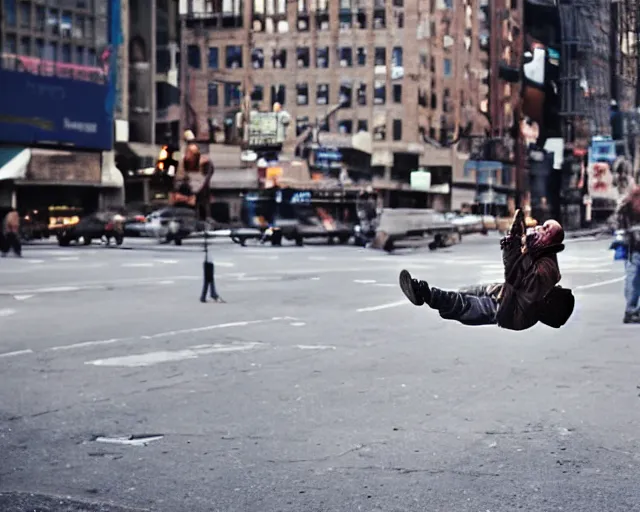 Prompt: a homeless man fly's in the sky. realistic image. new york city candid photo. hyperrealistic