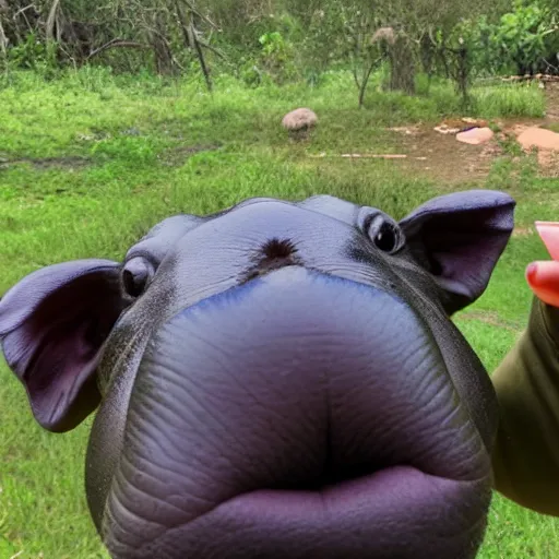 Image similar to A happy pygmy hippo taking a selfie