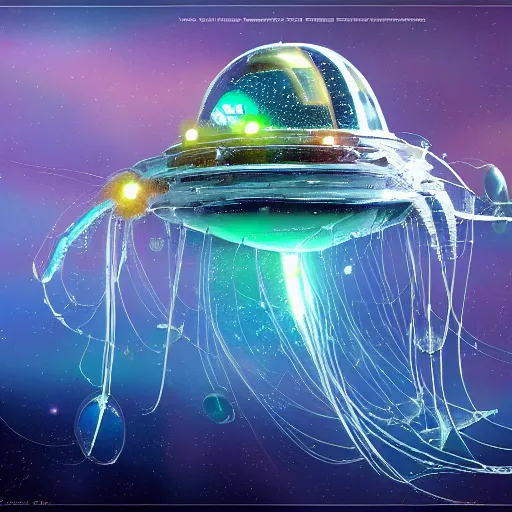 Image similar to design of a cute damaged mechanical jelly fish spaceship flying in hyperspace, beautiful clear detailed 8k digital art, by Amin Faramarzian Artstation