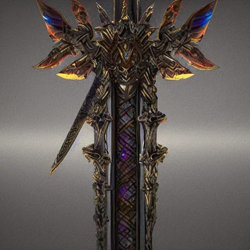 Prompt: concept art of warrior crystal sword, front view, perfect symmetry, rpg, digital art, d & d, digital painting, intricate details, ultra realistic, volumetric lighting, warm colors advance, cell shading