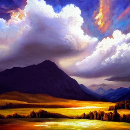 Image similar to a beutiful oil painting of a landscape, dramatic lighting, clouds in the sky, mountains