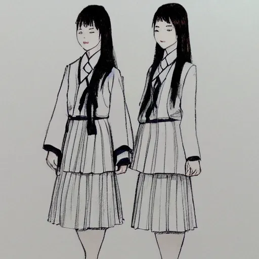 Image similar to a perfect, realistic professional digital sketch of two Japanese schoolgirls posing, in style of Marvel, full length, by pen and watercolor, by a professional American senior artist on ArtStation, a high-quality hollywood-style sketch, on high-quality paper