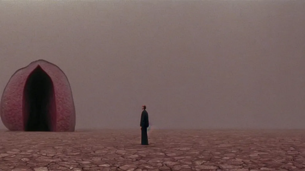 Image similar to the giant tongue waits in the refrigerator , film still from the movie directed by Wes Anderson with art direction by Zdzisław Beksiński, wide lens