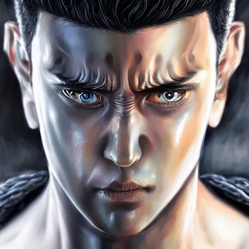 Image similar to photorealistic digital painting portrait of guts from berserk extremely detailed, made by wlop and maxwell boas