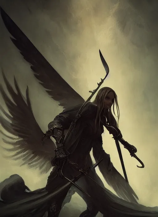 Image similar to a portrait of a beautiful angel of death holding a large scythe by marco bucci and greg rutkowski, sharp focus, detailed, cinematic, closeup