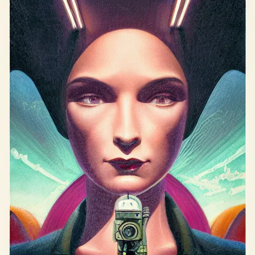 Image similar to detailed face of a woman, clockwork, moment, tectonic sky, skydome, bullet train, turbines, utopian, tech noir, wet reflections, prism, atmospheric, ambient, pj crook, syd mead, livia prima, greg rutkowski, edward hopper