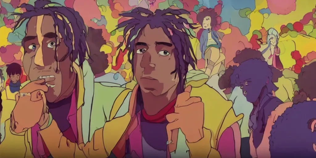 Image similar to colourful - gangster - chiefkeef , cinema lighting , Music video , in the style of studio Ghibli,