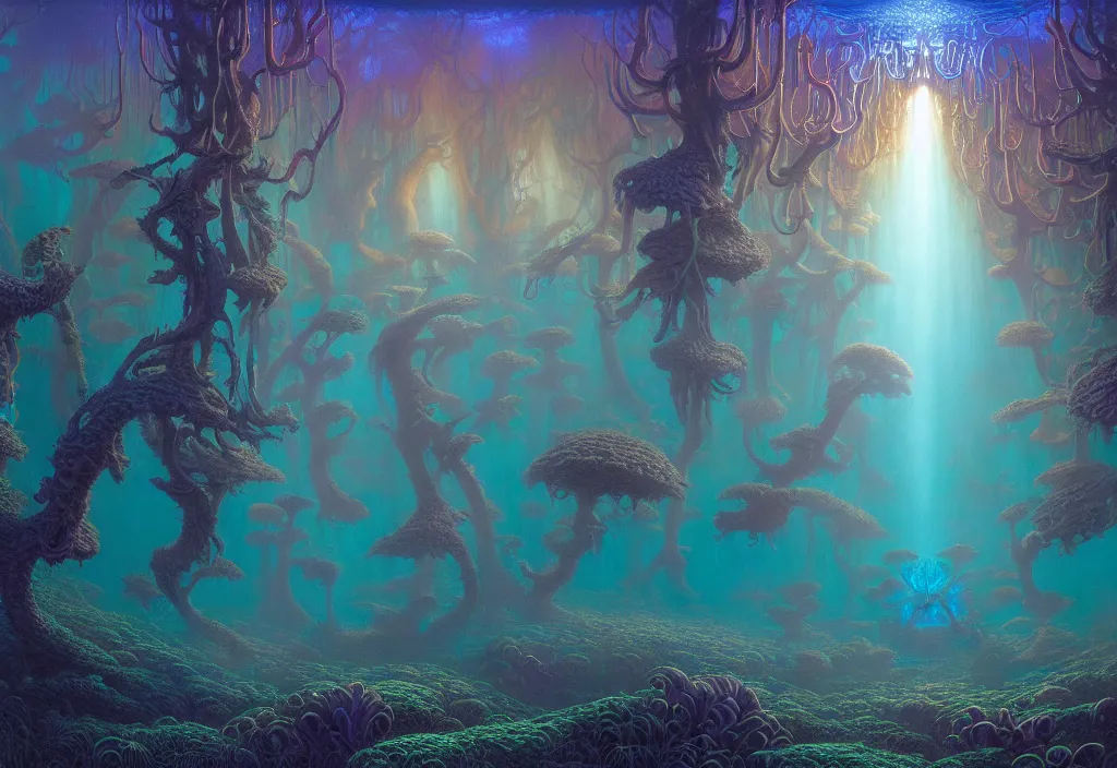 Prompt: ethereal glowing fairy forest underwater, tribal repeating patterns, tim hildebrandt, wayne barlowe, bruce pennington, donato giancola, trending on artstation, cinematic composition, sharp focus, beautiful lighting, hyper detailed, 8 k, oil on canvas