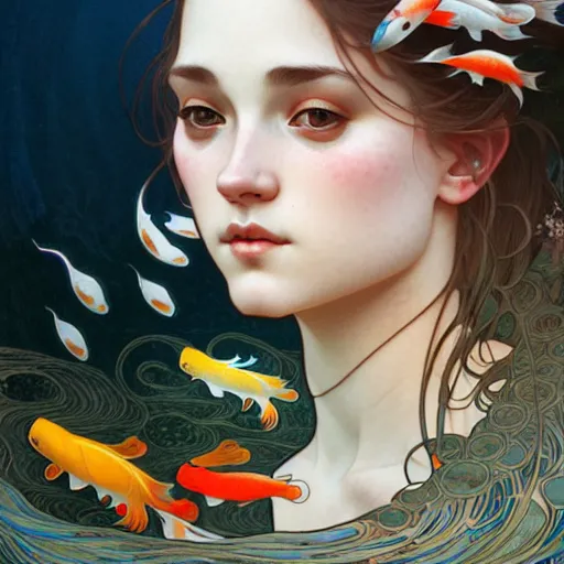 Image similar to Portrait of a girl surrounded by Koi fish, face, fantasy, intricate, elegant, highly detailed, digital painting, artstation, concept art, smooth, sharp focus, illustration, art by Pauline Voß and Artem Demura and alphonse mucha