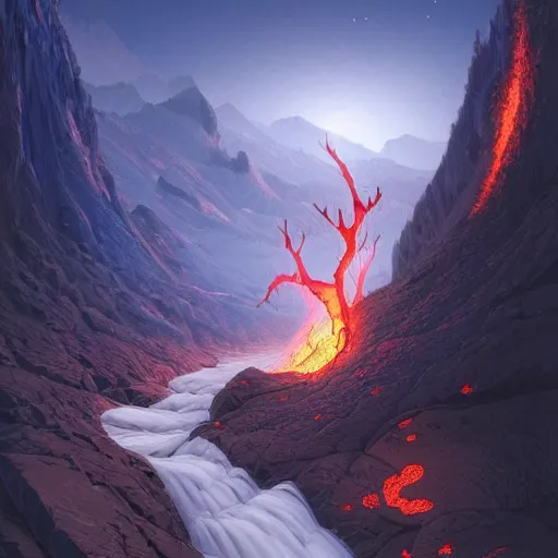 Prompt: a mountain range with a lava tiver flowing through it by akihito tsukushi, backlight, rim lighting, deep focus, d & d, fantasy, intricate, elegant, highly detailed, digital painting, artstation, concept art, matte, centered, sharp focus, illustration, hearthstone, art by artgerm, greg rutkowski and alphonse mucha