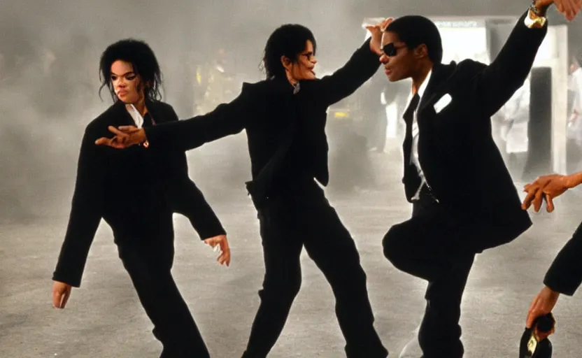 Prompt: michael jackson dancing with a neeble in men in black