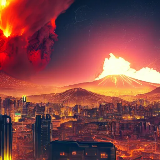 Image similar to large cyberpunk city on fire with volcano erupting in the background, planets in the sky, sharp focus, highly detailed, night