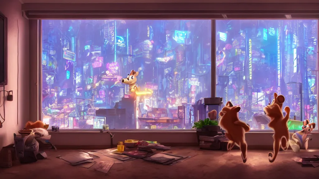 Image similar to Chip and Dale in the apartment room in a cyberpunk city, soft god rays from city lights outside the window, unreal engine 5, soft neon atmosphere, photorealistic, soothing colors, somber melancholic matte painting, hyperrealism, hyperrealistic, cinematic masterpiece, cyberpunk style 8k ultrahd octane render