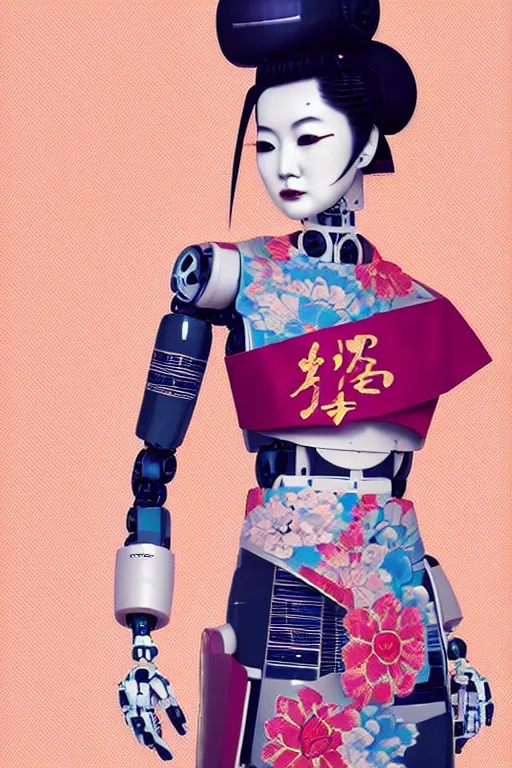 Image similar to full body portrait of a Japanese robot geisha with kanji tattoos and decals wearing a digital pixelated kimono, intricate design, photorealistic, octane render, raytraced, ultra fine detailed, character design, trending on artstation