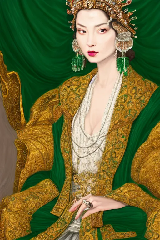 Image similar to a beautiful empress portrait, with a brilliant, impossible striking shiny big emerald headpiece, white and emerald robes, dramatic studio lighting, rococo, baroque, jewels, asian, hyperrealistic, closeup, D&D, fantasy, intricate, elegant, highly detailed, digital painting, artstation, octane render, 8k, concept art, matte, sharp focus, illustration, art by Artgerm and Greg Rutkowski and Alphonse Mucha