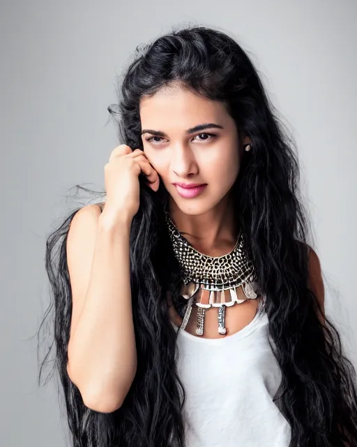 Image similar to a portrait of a beautiful Young female with long disheveled black hair, beautiful and smiling, sweet looks, white skin and reflective eyes, black tank top, black leather shiny jeans, an ankh necklace white colors in the background, 500px photos, top cinematic lighting , cinematic mood, very detailed, shot in canon 50mm f/1.2