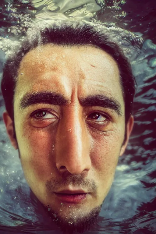 Prompt: Kodak portra 160, 8K, highly detailed, seinen manga portrait, focus on face: famous old afghan actor in low budget anime remake, underwater scene