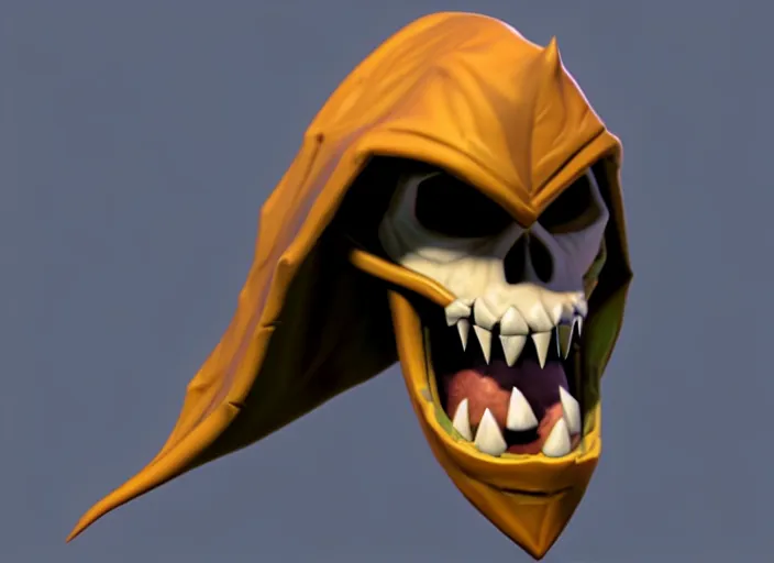 Image similar to hooded skull, with big lower troll - like fangs, stylized stl, 3 d render, activision blizzard style, hearthstone style, crash bandicoot artstyle