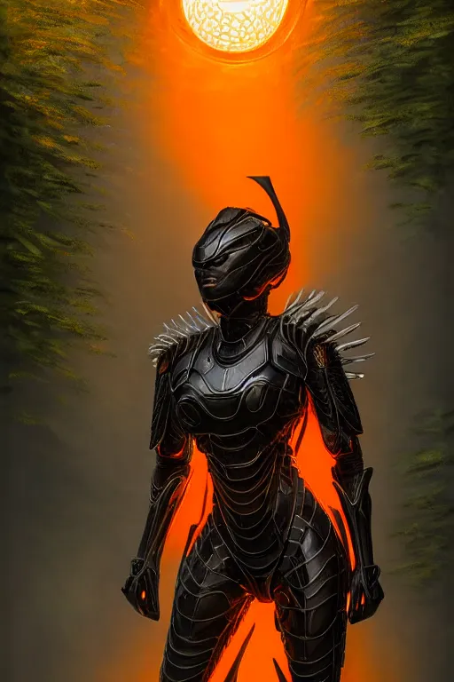 Image similar to hyperrealistic long shot mithra gorgeous black woman intricate exoskeleton armor in a forest sun behind her concept art eric zener elson peter cinematic orange light low angle hd 8k sharp rack focus