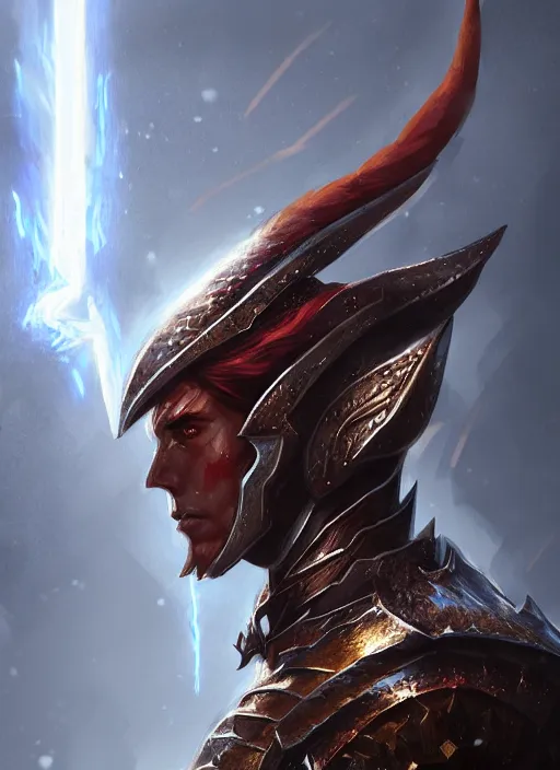 Prompt: Half-body portrait a handsome elven red-head prince in a dragon scale armour. In style of Hyung-tae Kim and Greg Rutkowski, concept art, trending on ArtStation, Korean MMORPG, over-detailed art, 8K, epic, dynamic lightning, dramatic pose.