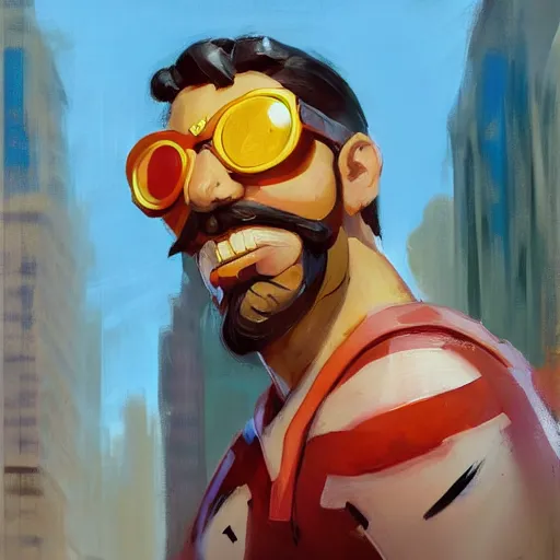 Prompt: greg manchess portrait painting of new york hotdog stand overwatch character, medium shot, asymmetrical, profile picture, organic painting, sunny day, matte painting, bold shapes, hard edges, street art, trending on artstation, by huang guangjian and gil elvgren and sachin teng