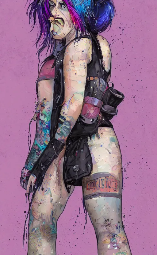 Prompt: a grungy woman with rainbow hair, drunk, angry, soft eyes and narrow chin, dainty figure, long hair in bun, combat boots, fishnets, suspenders, tiny vest, short shorts, basic white background, sie boob, in the rain, wet, symmetrical, single person, style of by Jordan Grimmer and greg rutkowski, crisp lines and color,